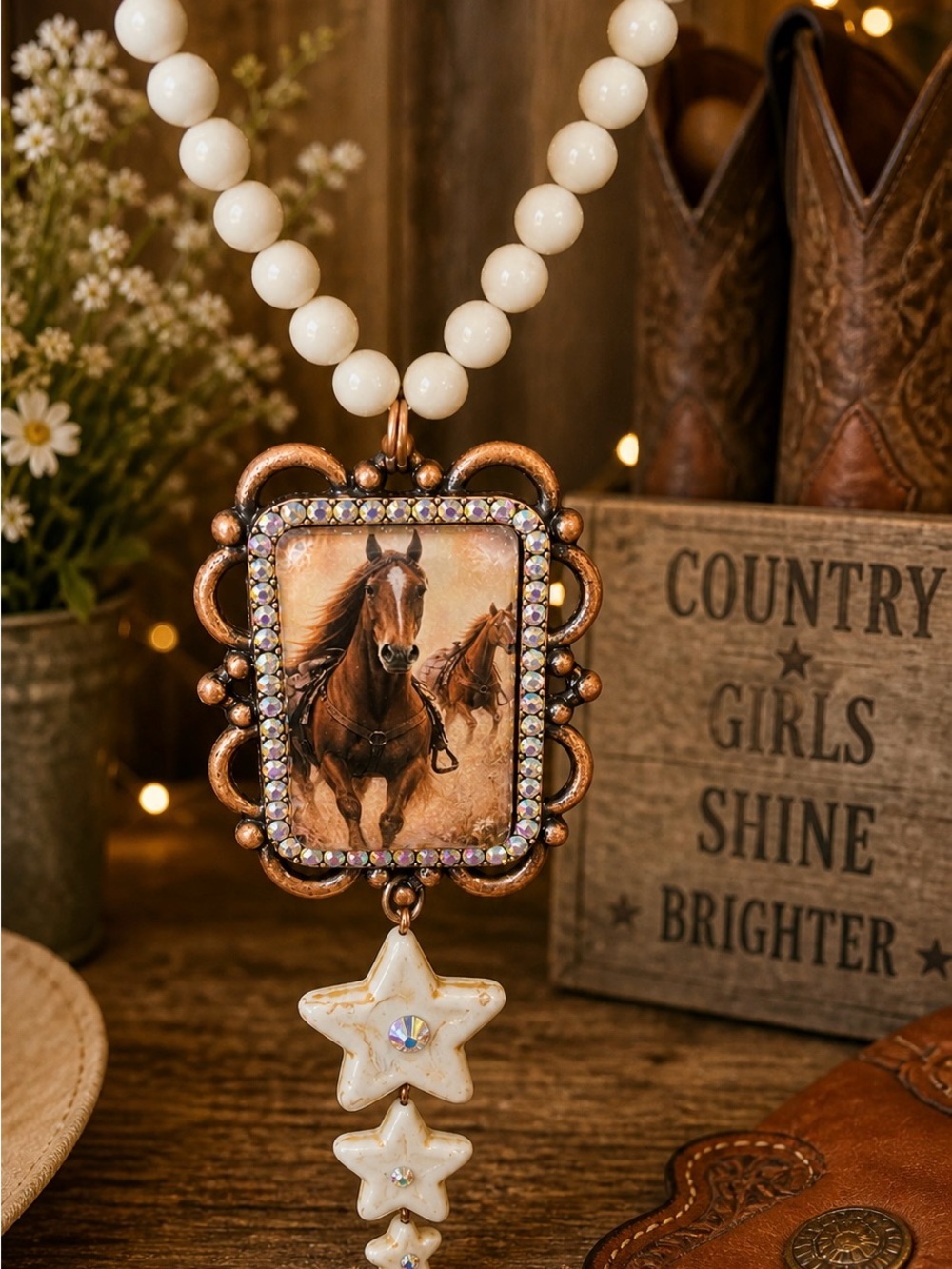 Western Horse Pendant Necklace in Cream and Brown - Gypsy South
